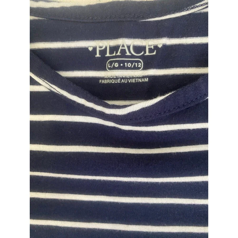 EUC The Children's Place Navy Blue White Striped Long Sleeve Tee Top Size 10/12